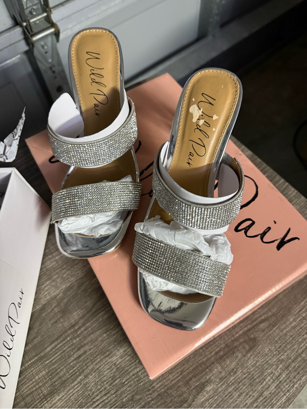 Wild Pair Silver Rhinestone Double-Strap Slide Heels